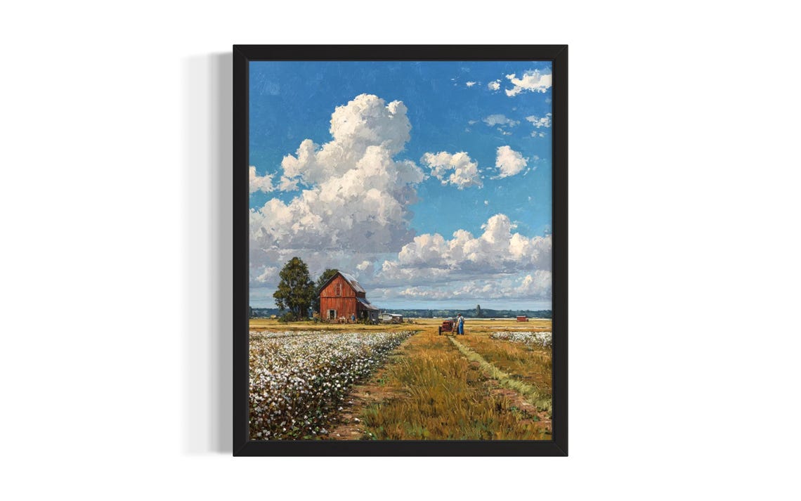 Mississippi Cotton Field Red Barn Harvest Painting Scene Poster
