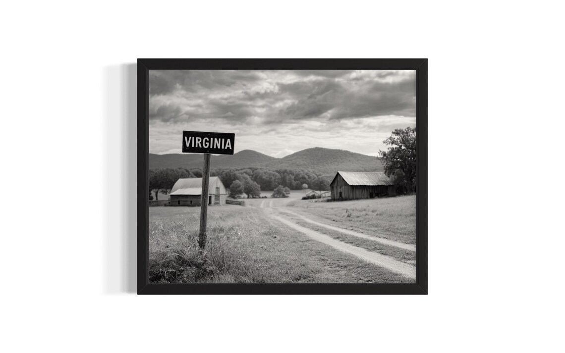 Virginia Vintage Black and White Farm Road Sign Barns Photo Poster
