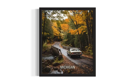 Michigan Classic Car Bridge Autumn Forest Fall Drive Photography Poster