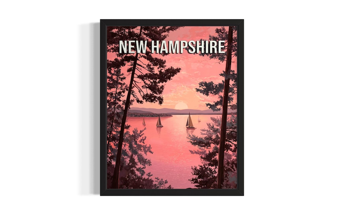 New Hampshire Lake Winnipesaukee Sunset Sailboats Travel Poster