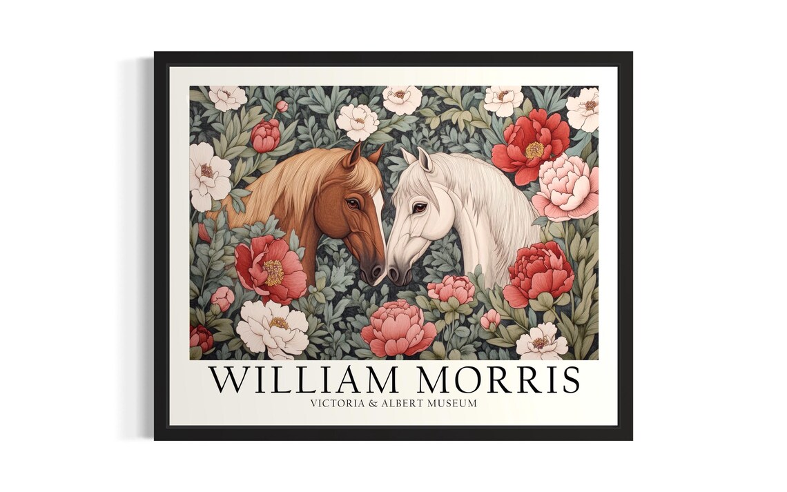 William Morris Chestnut And White Horse Pair Peony Garden Art Poster