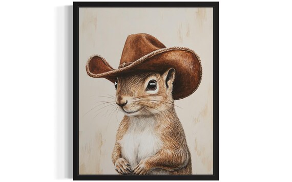 Cheerful Squirrel in Cowboy Hat Funny Western Animal Portrait Poster