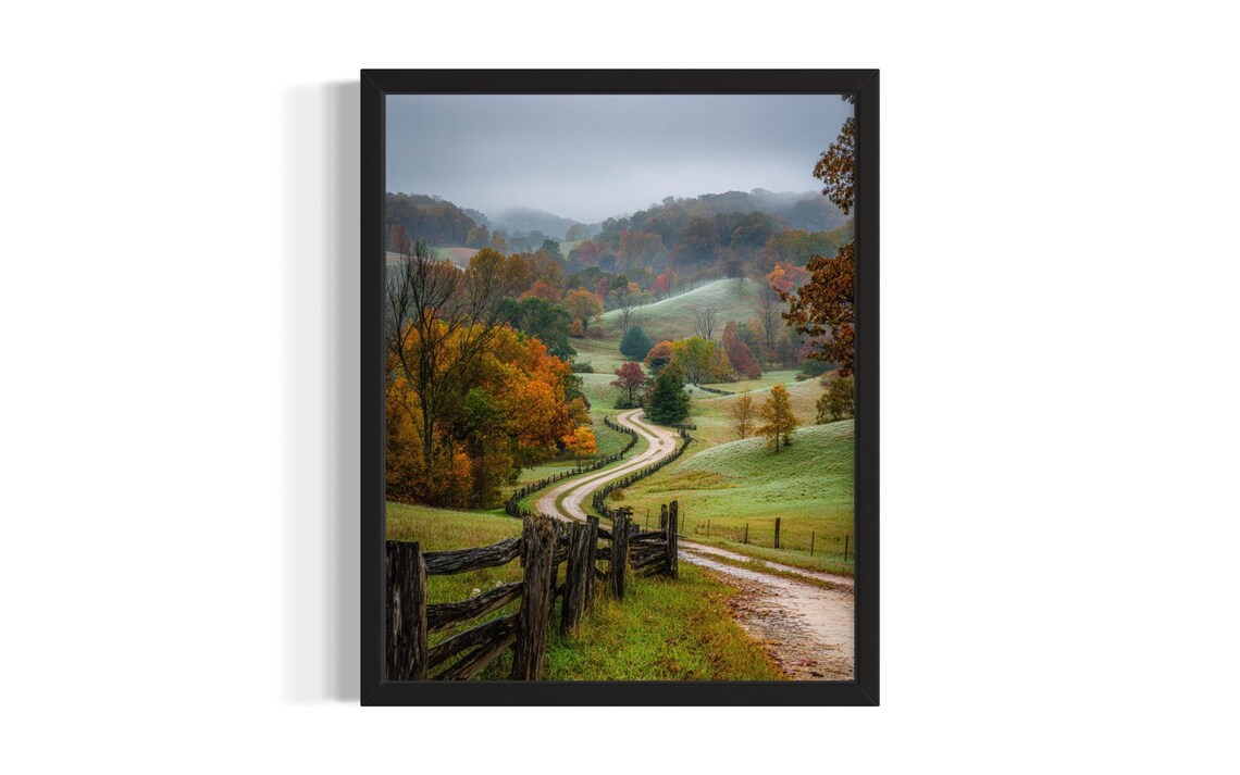 Misty Country Road Split Rail Fence Rolling Autumn Hills Photo Poster