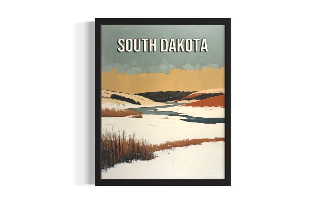 South Dakota Winter Snowy River Valley Minimalist Art Poster