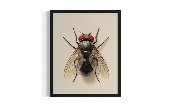 Housefly Macro Illustration with Red Eyes Vintage Insect Study Poster