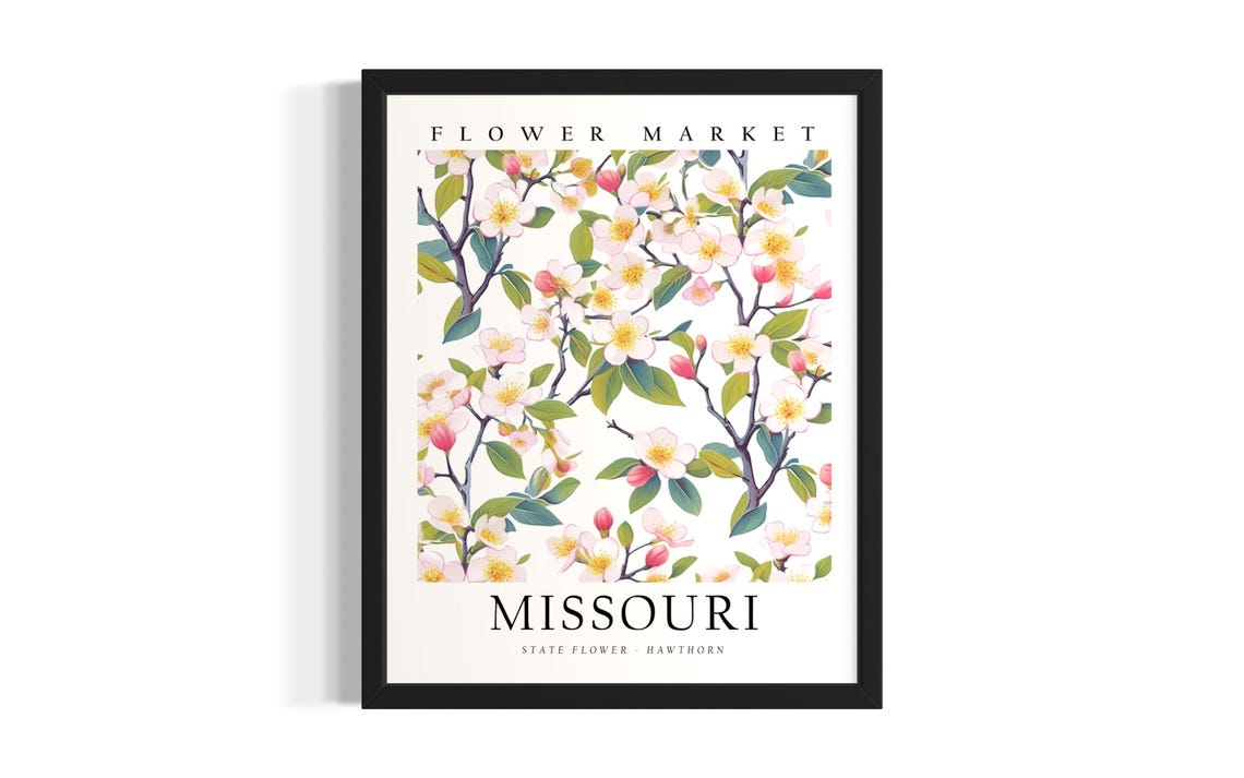Missouri Hawthorn State Flower Market Blossom Botanical Retro Poster