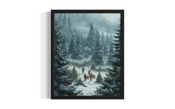 Snowy Pine Forest Family Walk Carrying Firewood Winter Scene Poster
