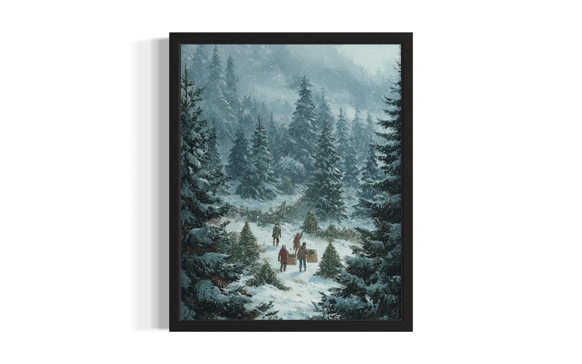 Snowy Pine Forest Family Walk Carrying Firewood Winter Scene Poster