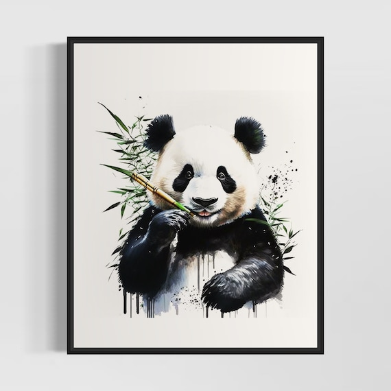Adorable Giant Panda Eating Bamboo Watercolor Splash Art Poster