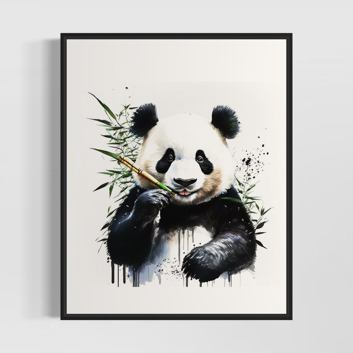 Adorable Giant Panda Eating Bamboo Watercolor Splash Art Poster