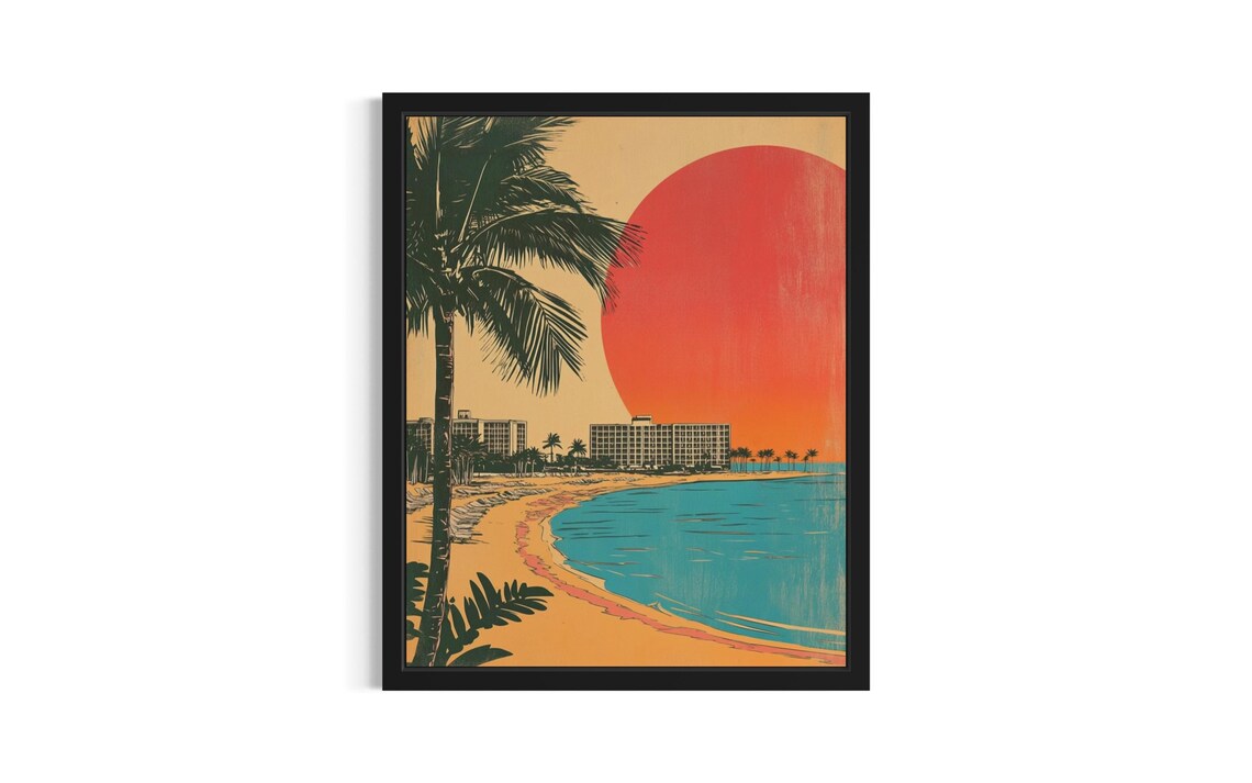 Siesta Beach Florida Retro Travel Poster Red Sun Hotel Shores