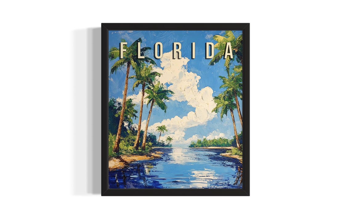 Florida Palm Trees Along Blue River Impressionist Travel Poster