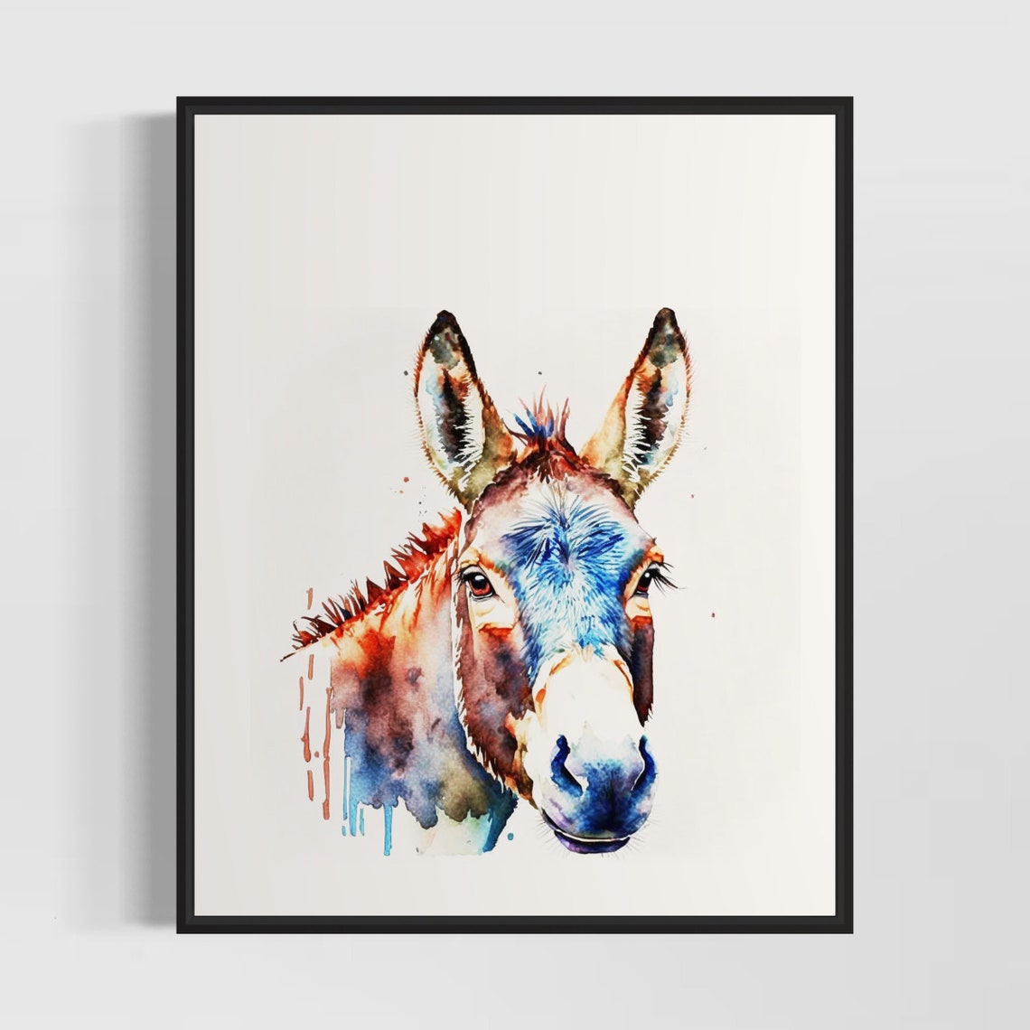 Gentle Donkey Head Blue and Rust Watercolor Portrait Art Poster