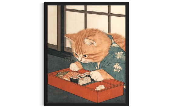Orange Kitten in Kimono Eating Sushi Cute Japanese Art Print