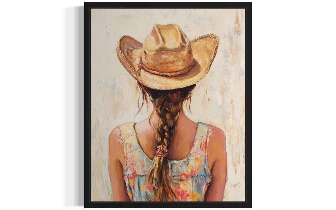 Braided Cowgirl in Floral Dress Western Hat Back View Poster