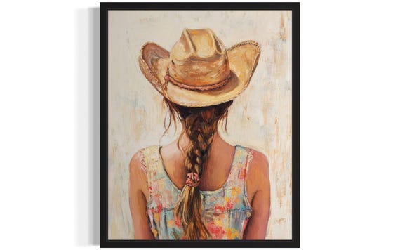 Brunette Cowgirl Poster Art Print Animal Western Wild West Painting Wall Art Decor Pictures