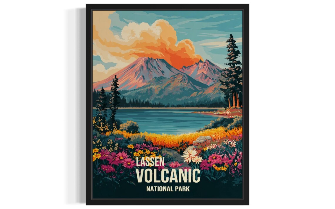 Lassen Volcanic National Park Volcano Lake Wildflowers Vintage Poster