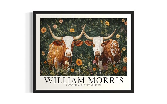 William Morris Texas Longhorn Pair In Wildflower Meadow Art Poster