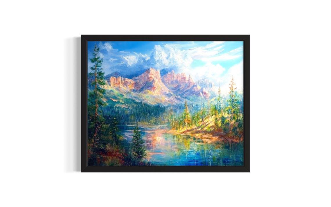Alpine Lake with Mountain Ridge Reflection Peaceful Nature Art Poster