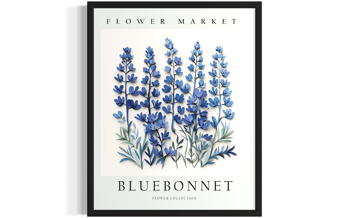 Bluebonnet Flower Market 3D Paper Cut Blue Lupine Bloom Art Poster