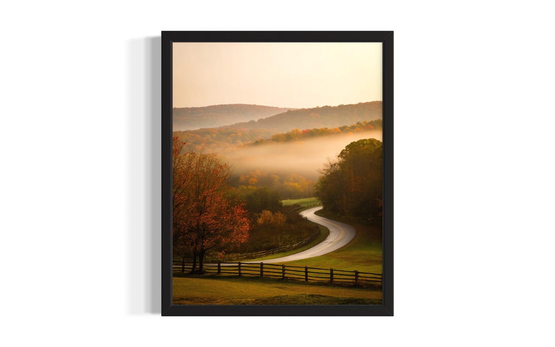 Misty Autumn Road Through Fall Foliage Hills Morning Light Wall Art