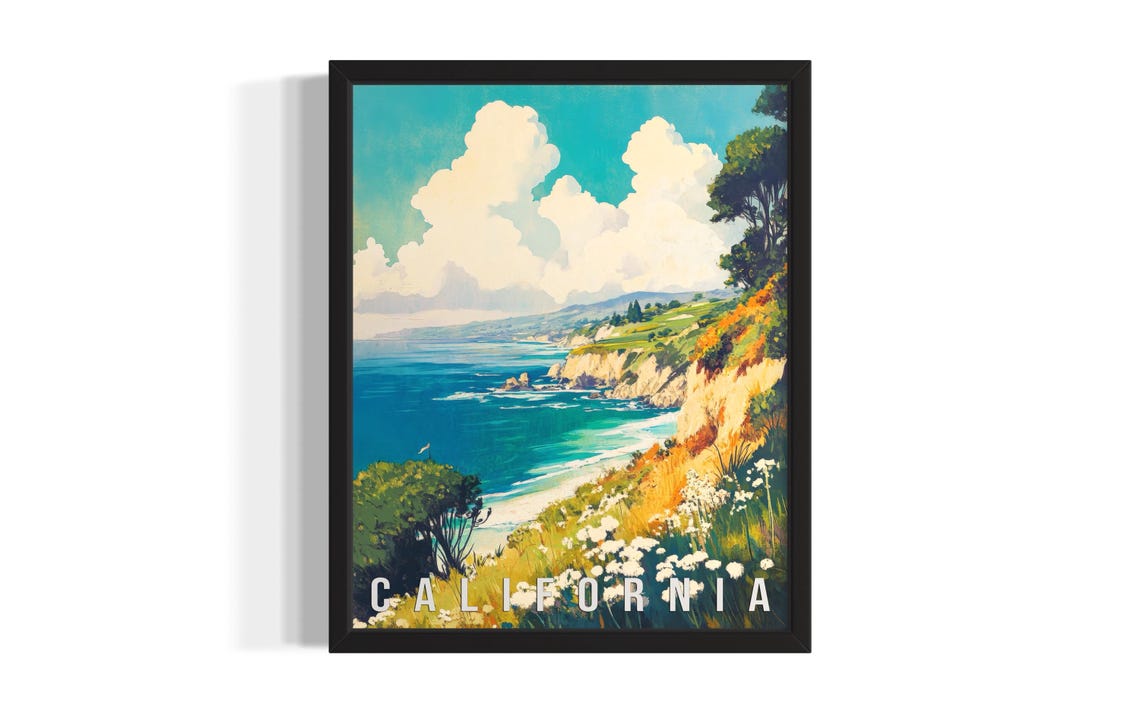 California Coastal Cliffs Wildflowers Ocean Scenic Travel Poster