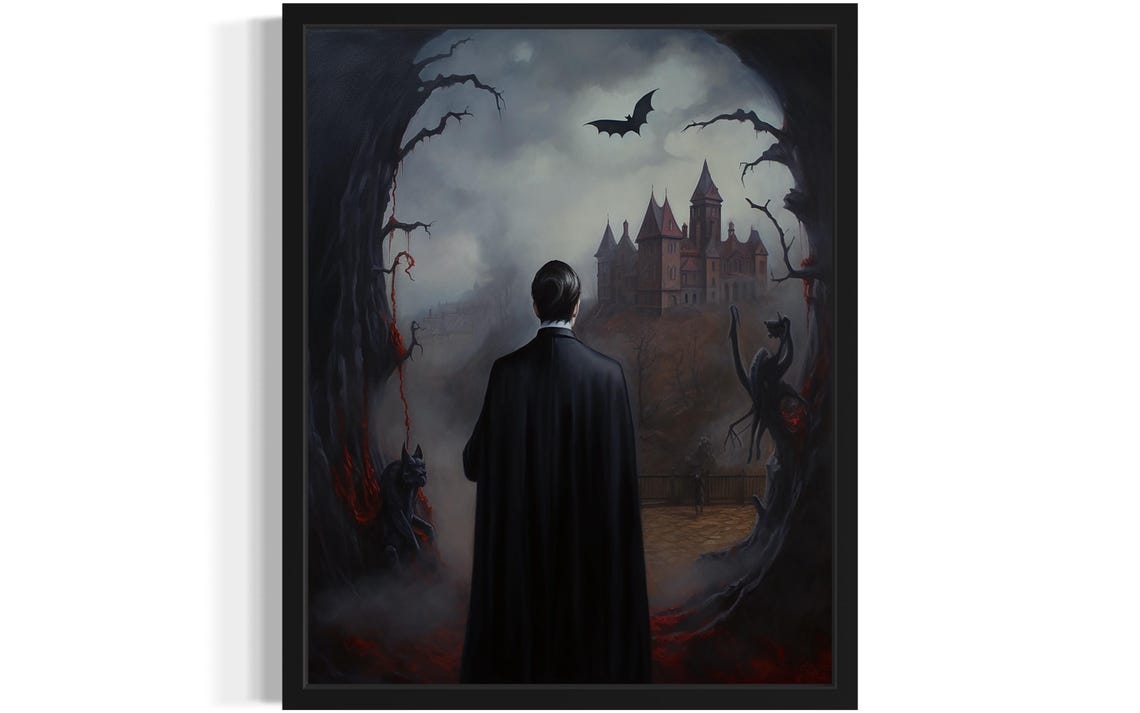 Caped Dracula Facing A Gothic Castle With Bats At Night Poster