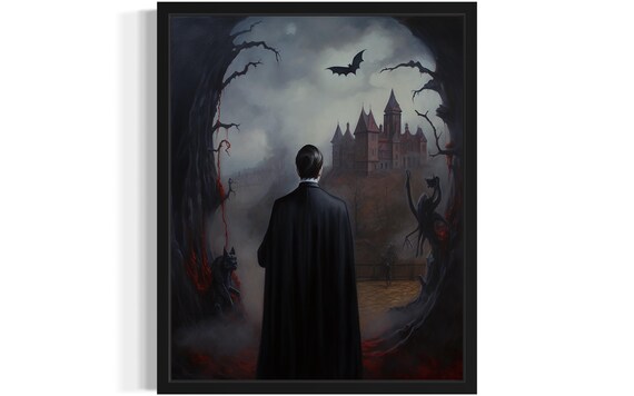 Caped Dracula Facing A Gothic Castle With Bats At Night Poster