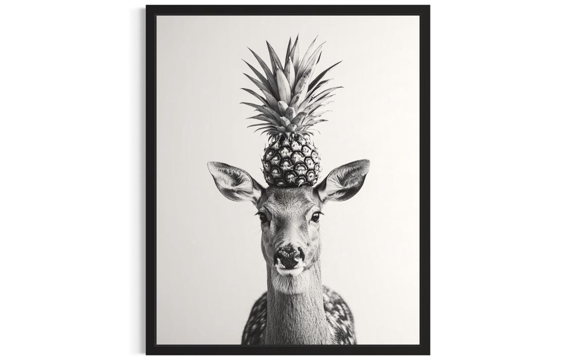Deer Pineapple Hat Black and White Funny Animal Portrait Poster