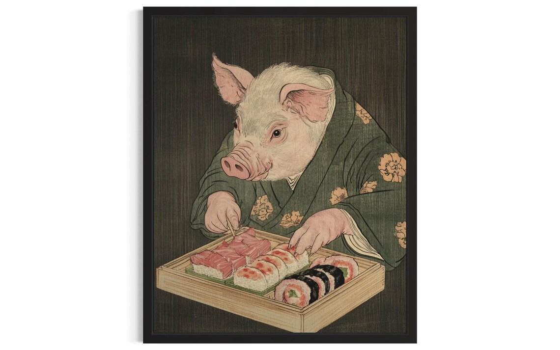 Pig In Kimono Enjoying Sushi Japanese Ukiyo-e Style Art Poster