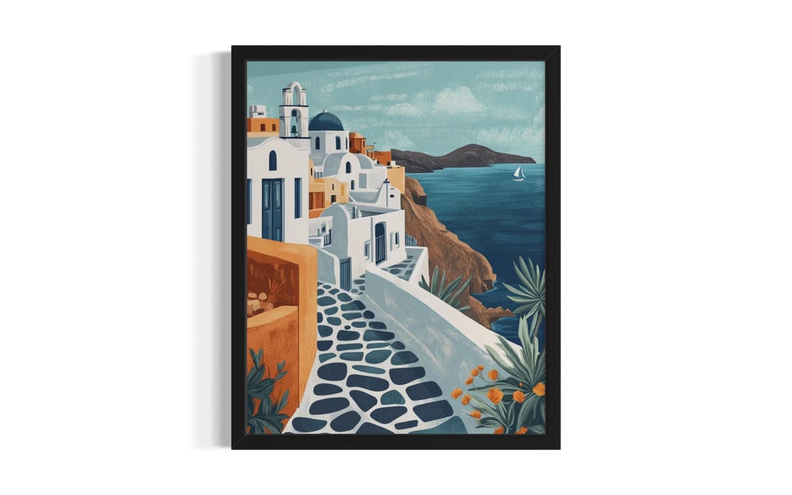 Santorini Greece Whitewashed Village Blue Dome Aegean Coast Poster