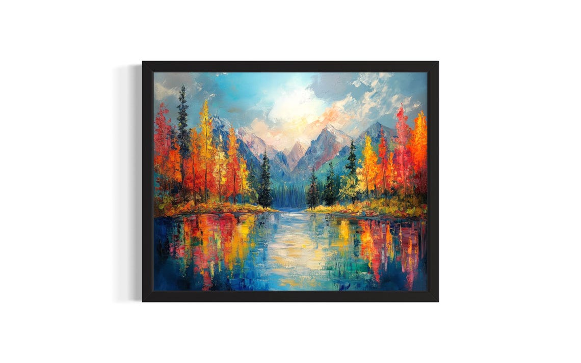 Autumn Mountain Lake with Fiery Fall Colors Landscape Art Poster