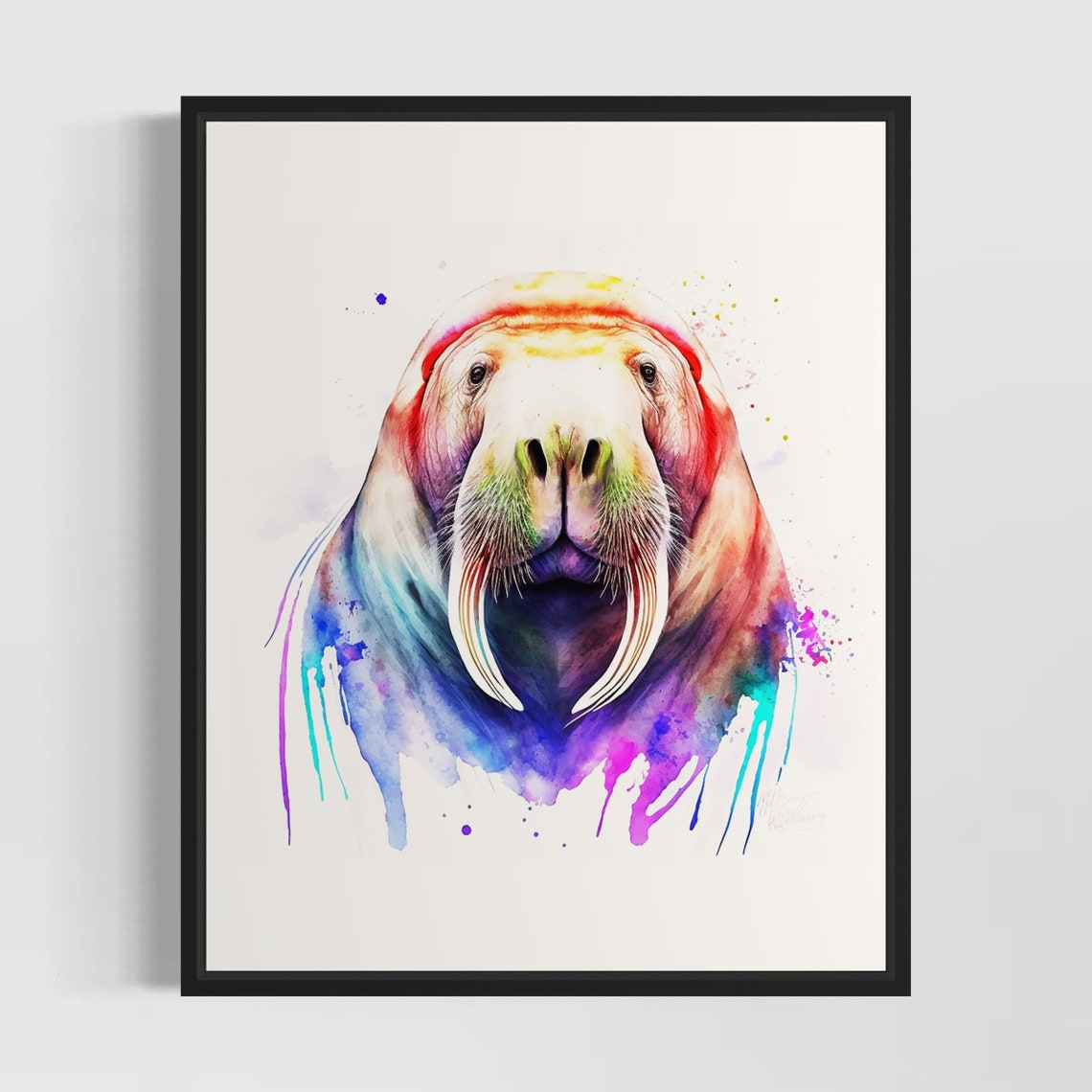 Walrus Front Face Portrait Rainbow Splash Watercolor Animal Poster