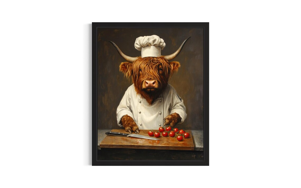 Highland Cow Chef Oil Painting Portrait Kitchen Decor Poster