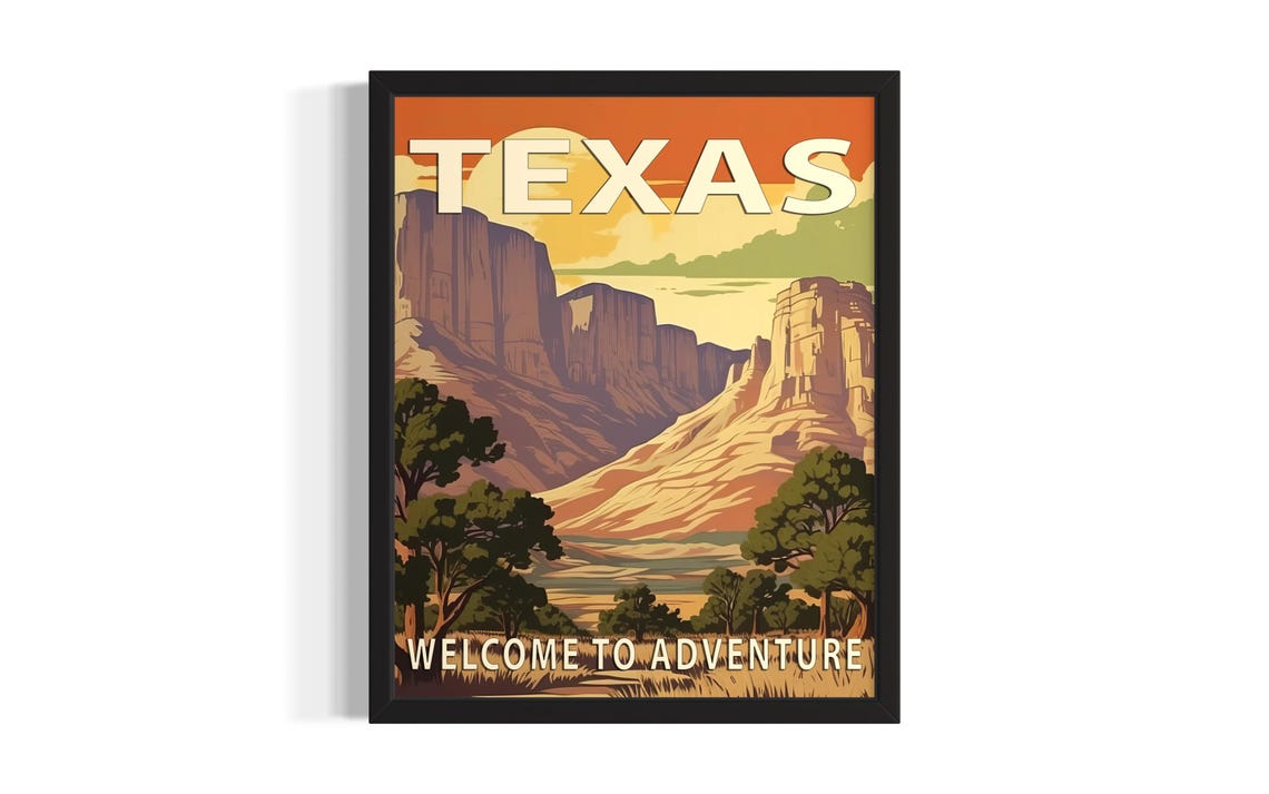 Texas Welcome To Adventure Desert Mesas Golden Sun Retro Poster