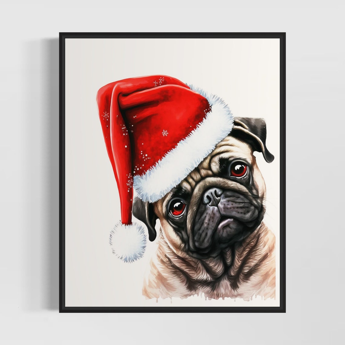 Pug Wearing A Red Santa Hat In Christmas Watercolor Art Poster