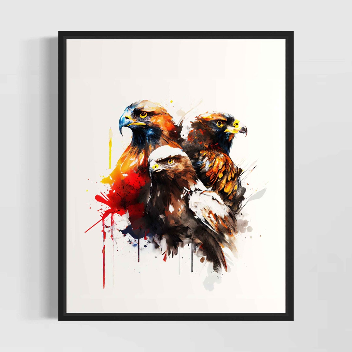 Three Golden Eagle Heads Birds of Prey Watercolor Wildlife Poster