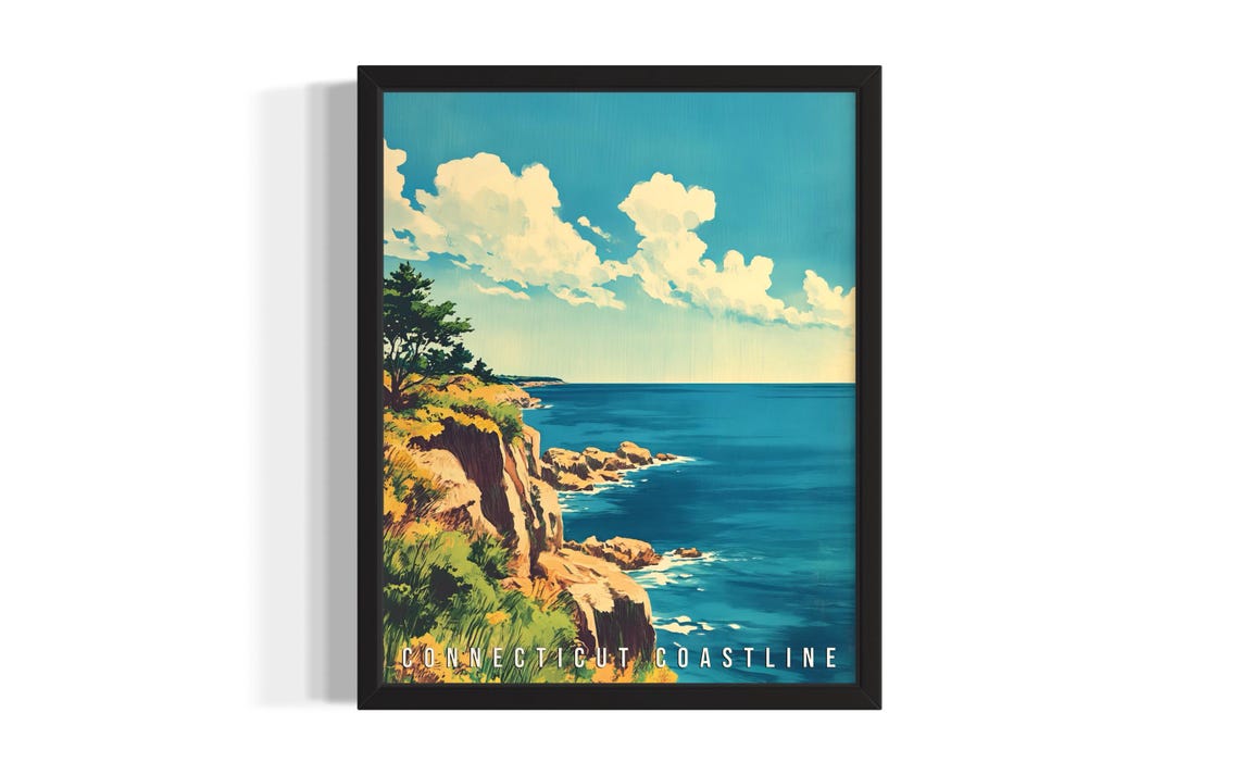 Connecticut Coastline Rocky Cliffs Vintage Seaside Art Poster