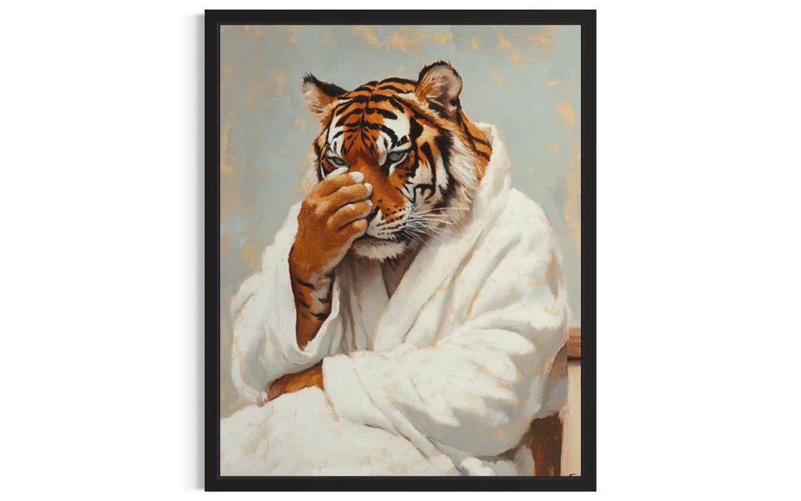 Tiger Yawning In White Bathrobe Funny Bathroom Animal Poster