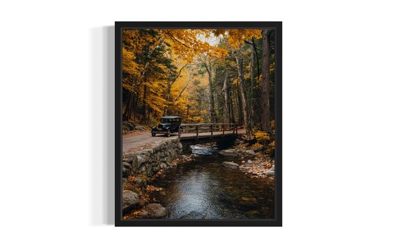 Maine Acadia Autumn Classic Car Wooden Bridge Stream Photo Poster Art