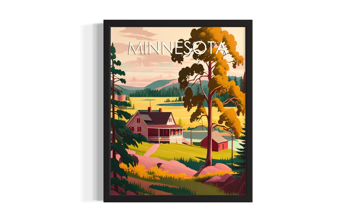 Minnesota Lakeside Homestead Autumn Trees Colorful Travel Poster