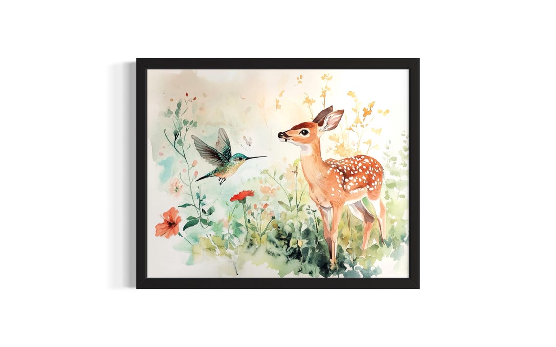 Fawn And Hummingbird Meadow Watercolor Flower Garden Scene Poster