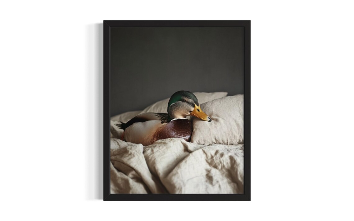 Mallard Duck Napping on Beige Pillows Cozy Bird Art Vintage Poster