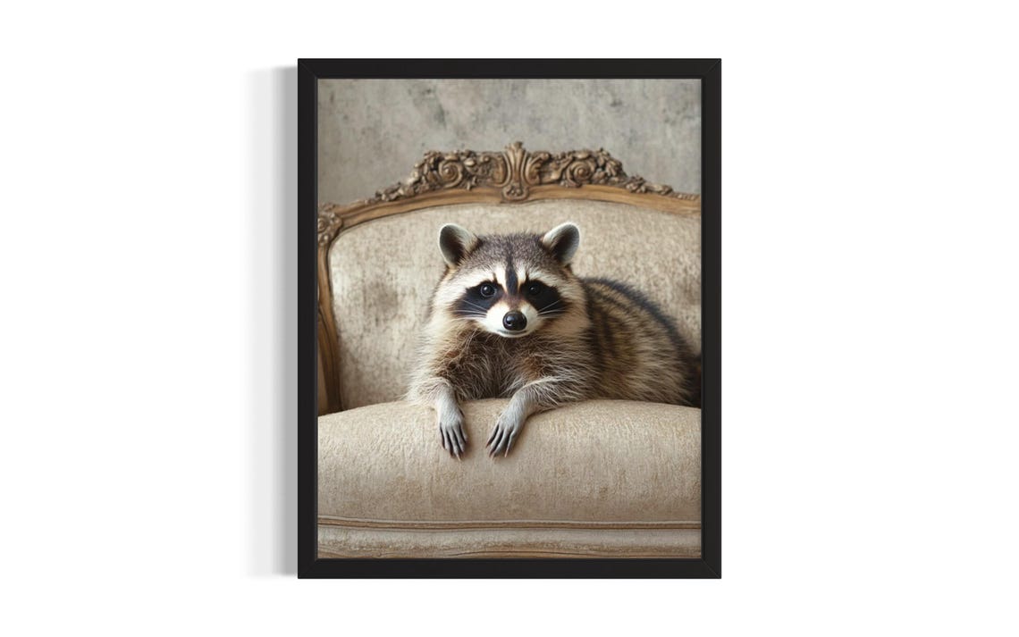 Curious Raccoon Peeking Over Carved Sofa Adorable Art Poster