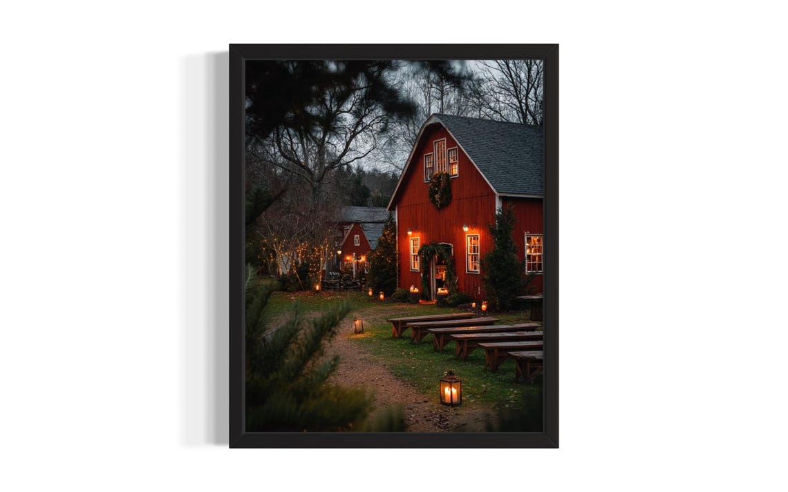 Red Barn at Dusk String Lights Lanterns Winter Evening Poster