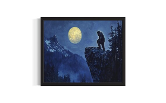 Bigfoot on a Mountain Cliff Under a Full Moon Cryptid Art Poster