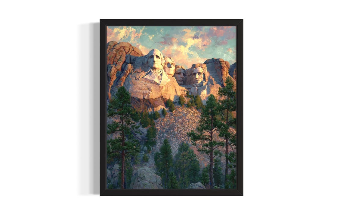 South Dakota Mount Rushmore Carved Faces Sunset Painting Poster