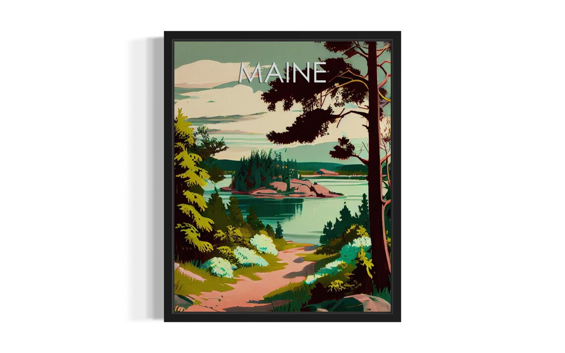 Maine Scenic Lake Pine Forest Island Vintage Travel Poster Art