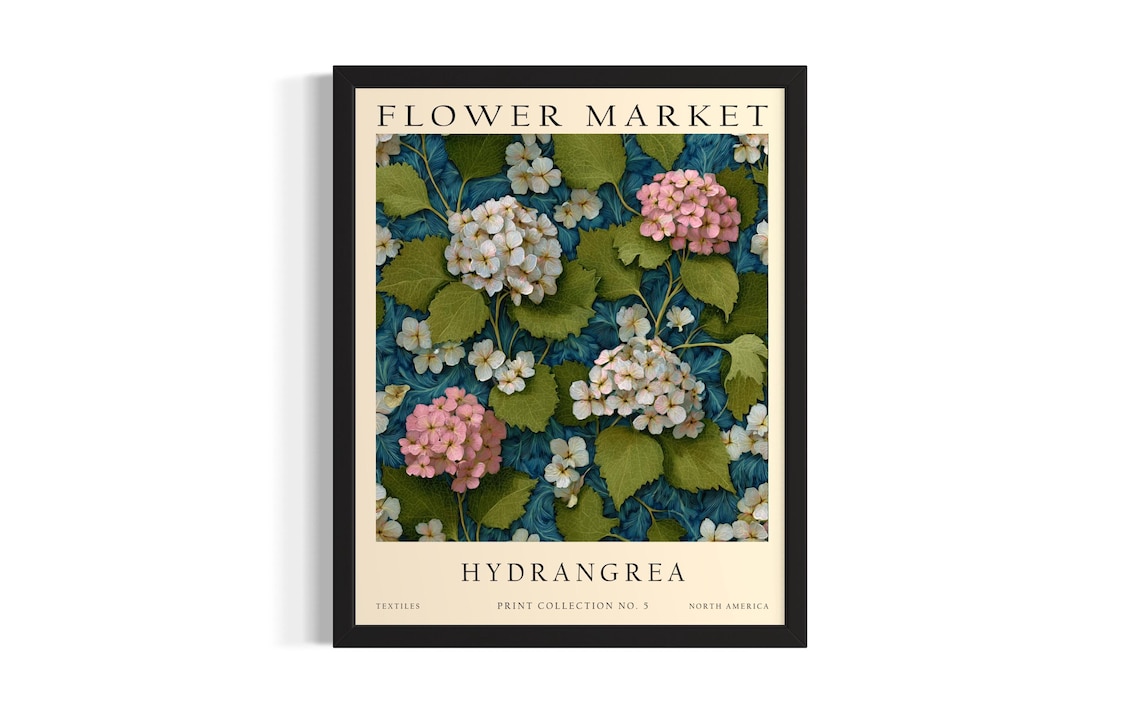 Pink Hydrangea Flower Market Vintage Botanical Blossom Poster