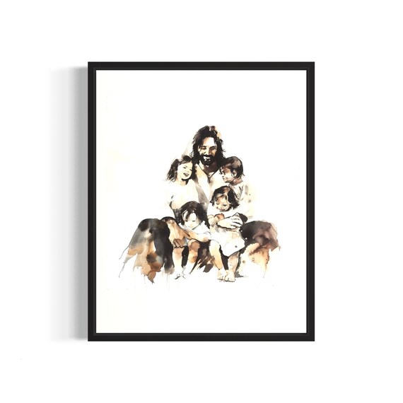 Heartwarming Jesus Seated Among Four Children Watercolor Poster